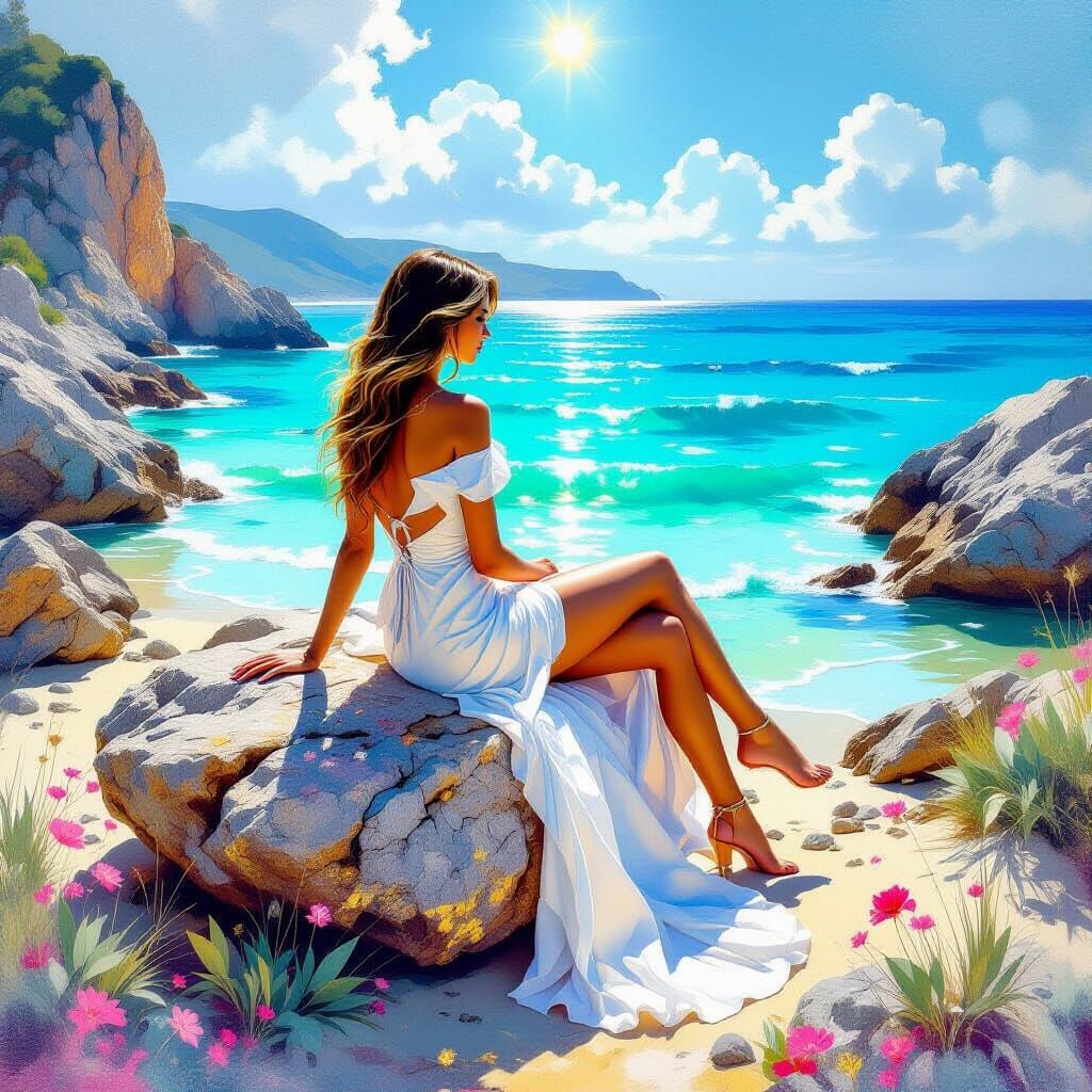 Woman Lounging on Rock Overlooking Scenic View