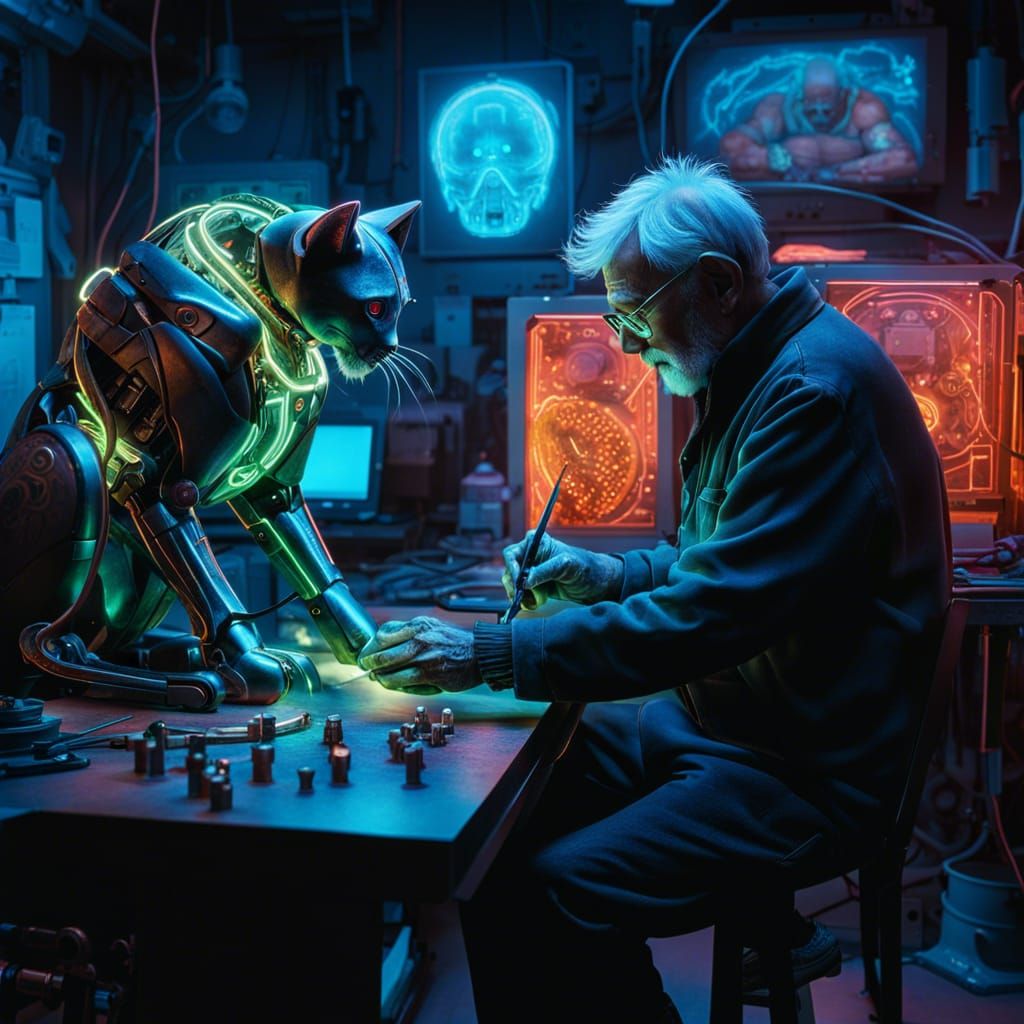 Mechanical Cat in Bioluminescent Cyberpunk Workshop