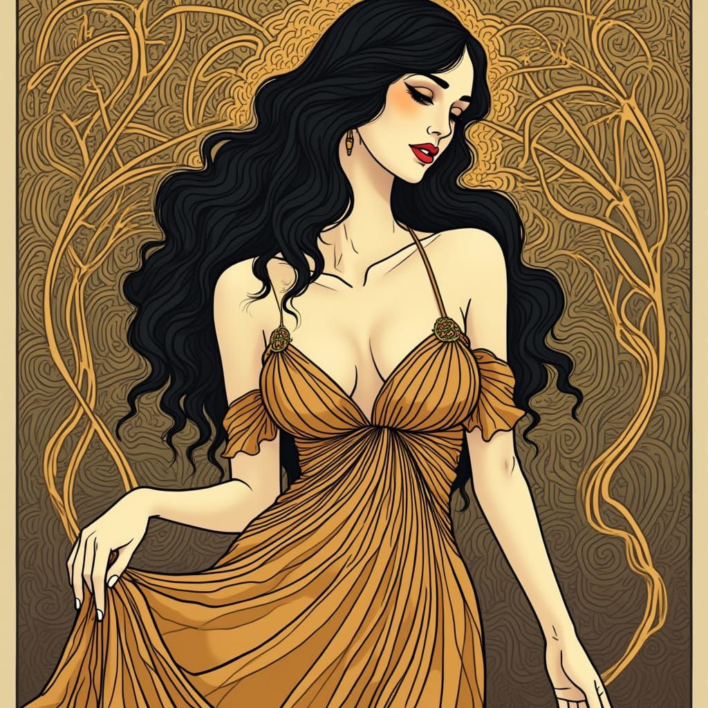 Elegant Woman in Art Nouveau Woodcut Style