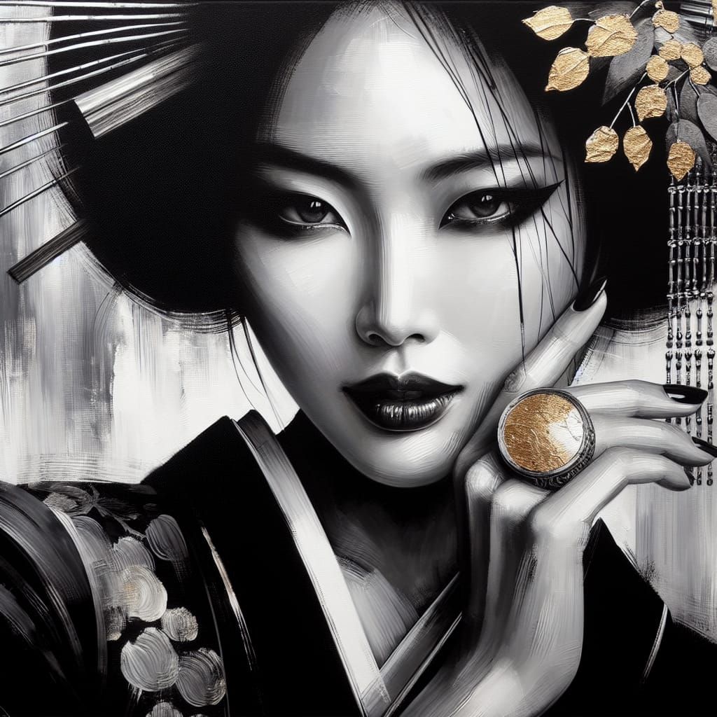 Monochrome Portrait of Japanese Woman with Gold Leaf