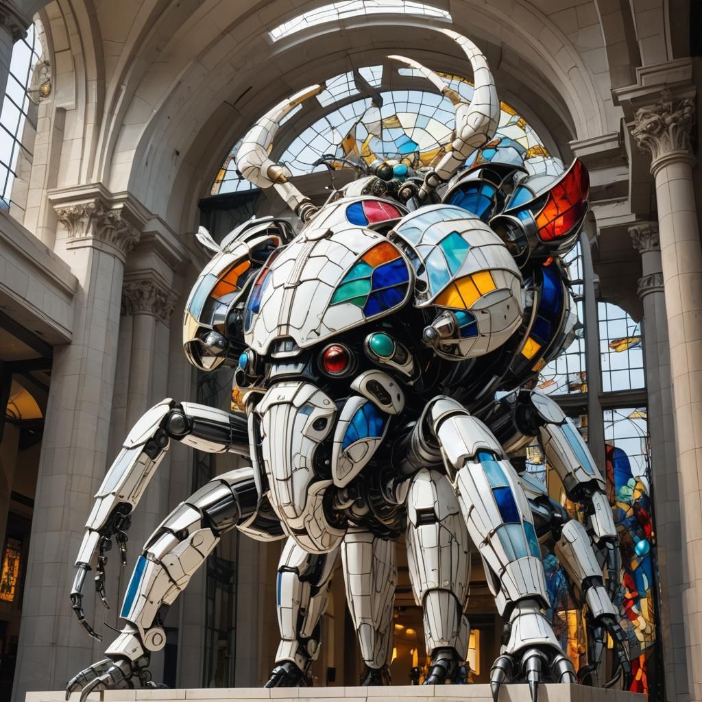 Stained Glass Mechanical Beetle Sculpture in Art Deco Style