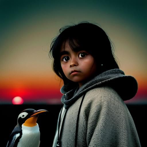Surreal Sunset: Girl and Penguin in Vintage Photo