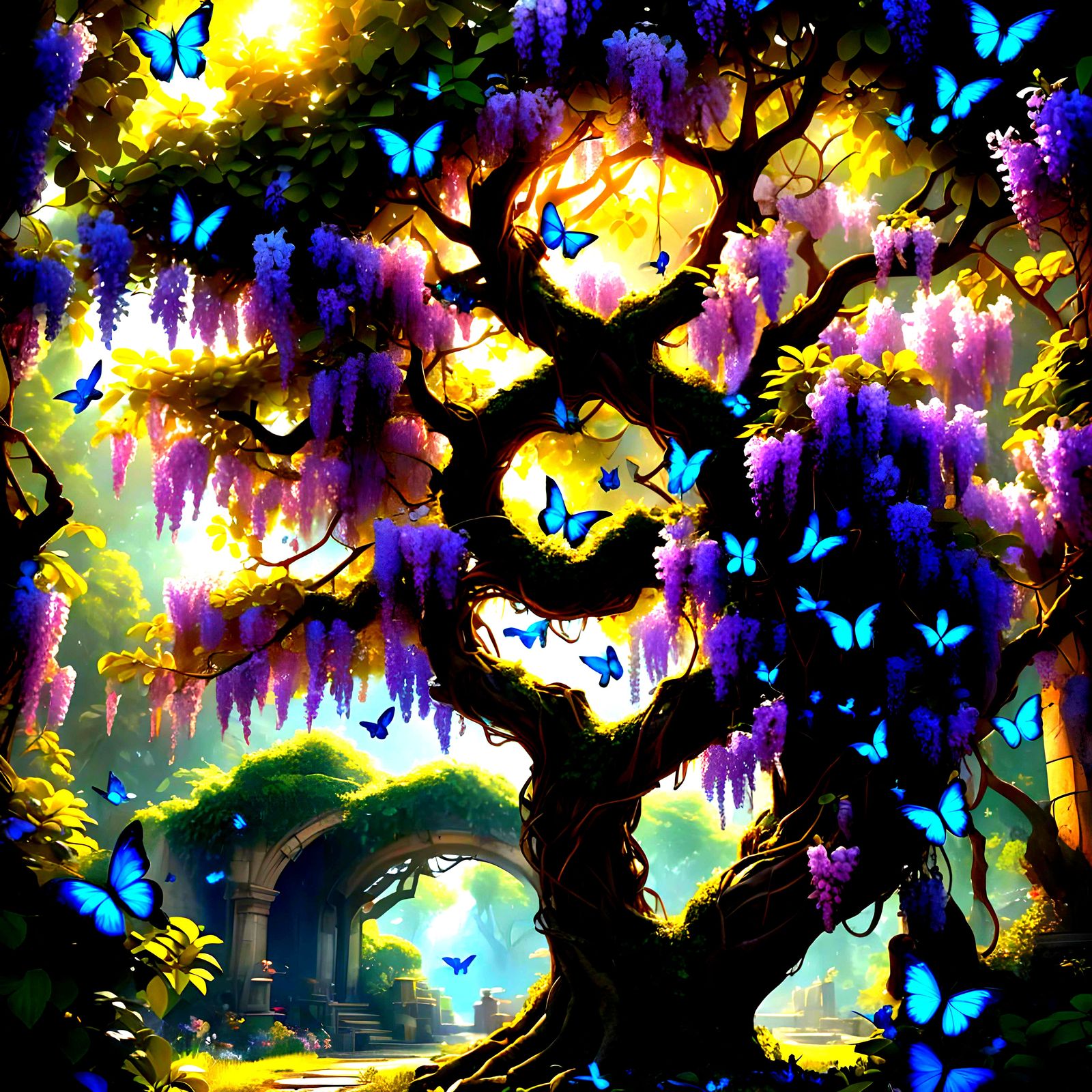 Wisteria Tree in a Celestial Dance with Blue Butterflies