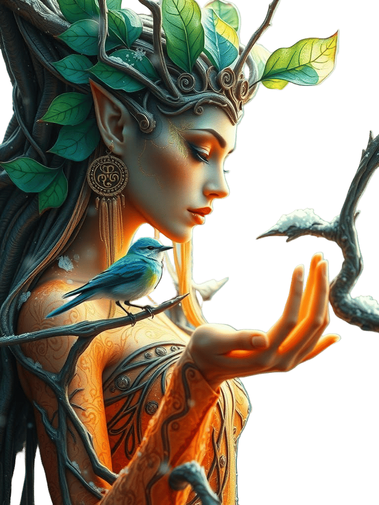 Serene Goddess of Winter, Frosty Filigree and Emerald Leaves