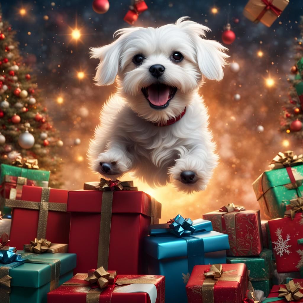 Happy Maltese Dog Christmas Presents: Digital Painting