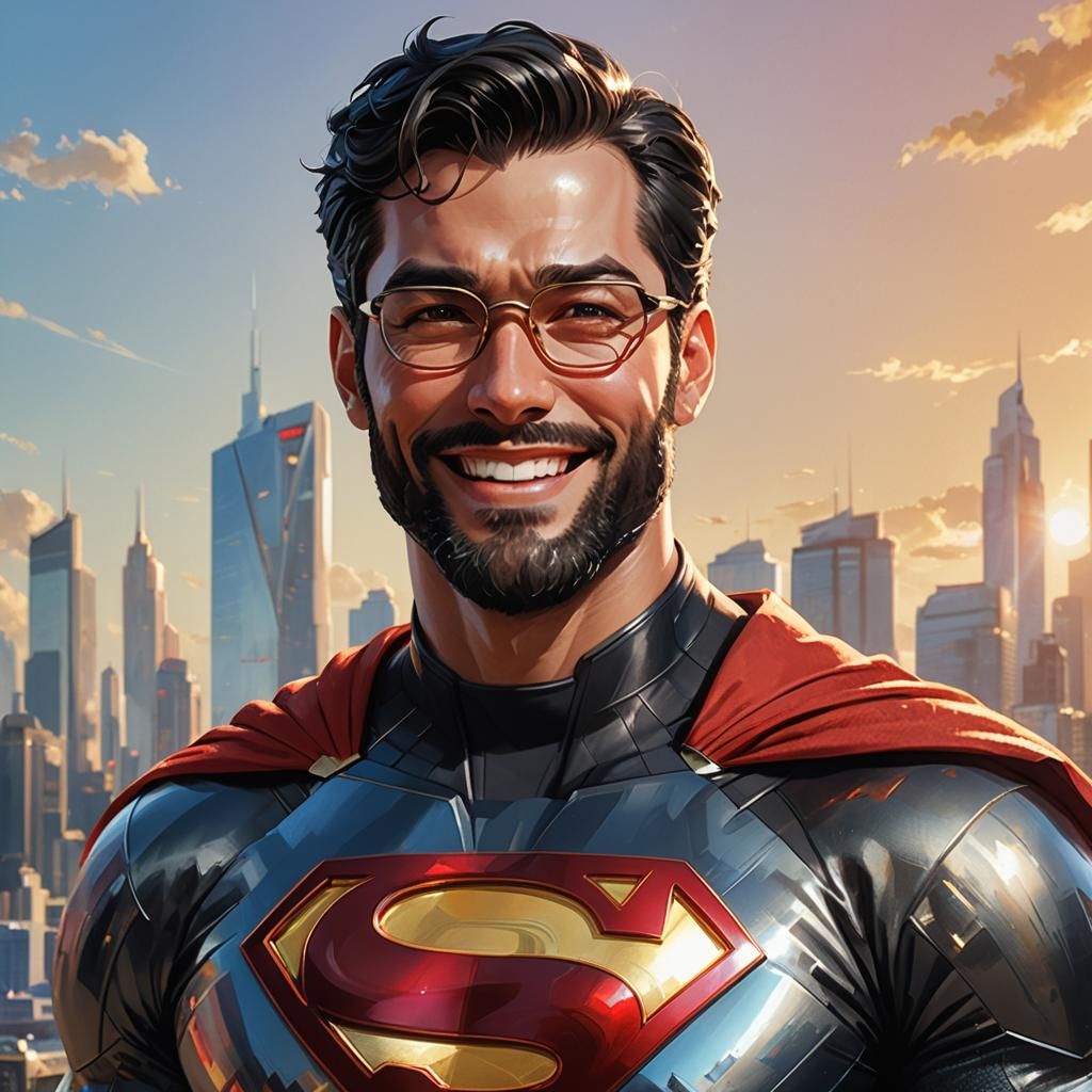 Bearded Superman with Glasses in Anime-Inspired 3D Art