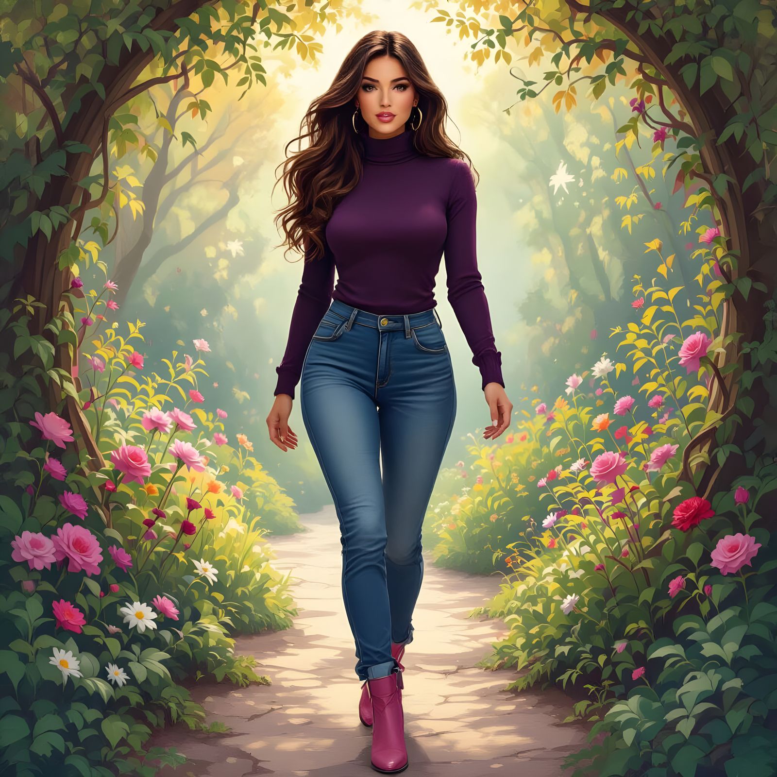 Woman in Turtleneck Walking Through Fantasy Garden