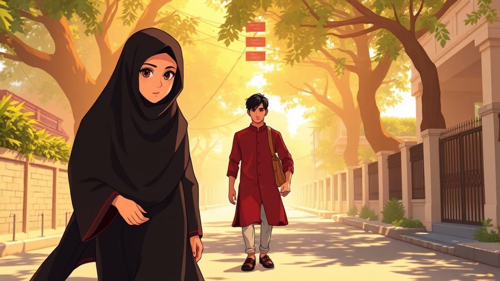 Young Woman Walks Towards Madrasa with Determined Look