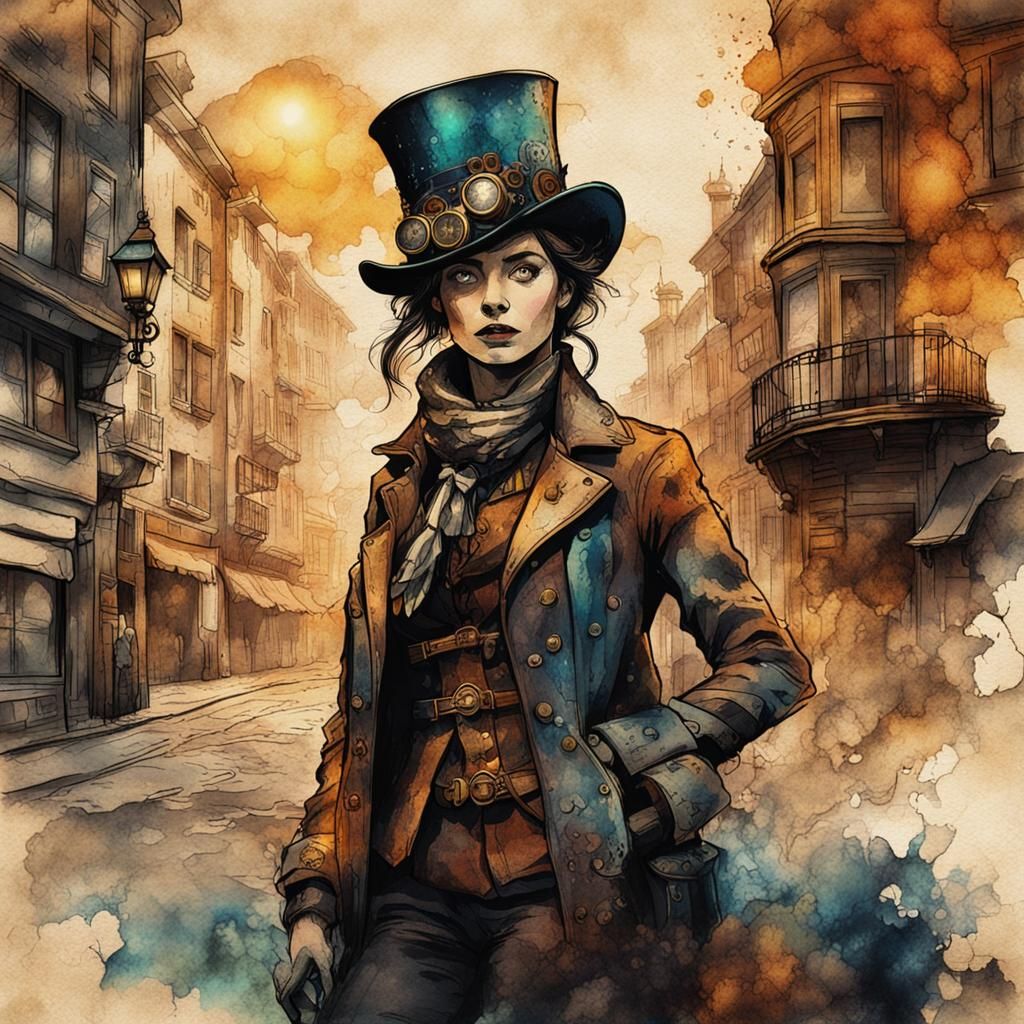 Steampunk Ink Painting of Woman in London