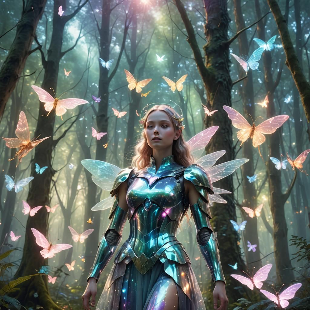 Android Among Dancing Fairies in Dreamlike Forest