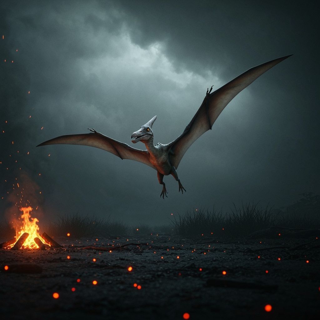 Bioluminescent Pterodactyl Soaring Over Primordial Landscape