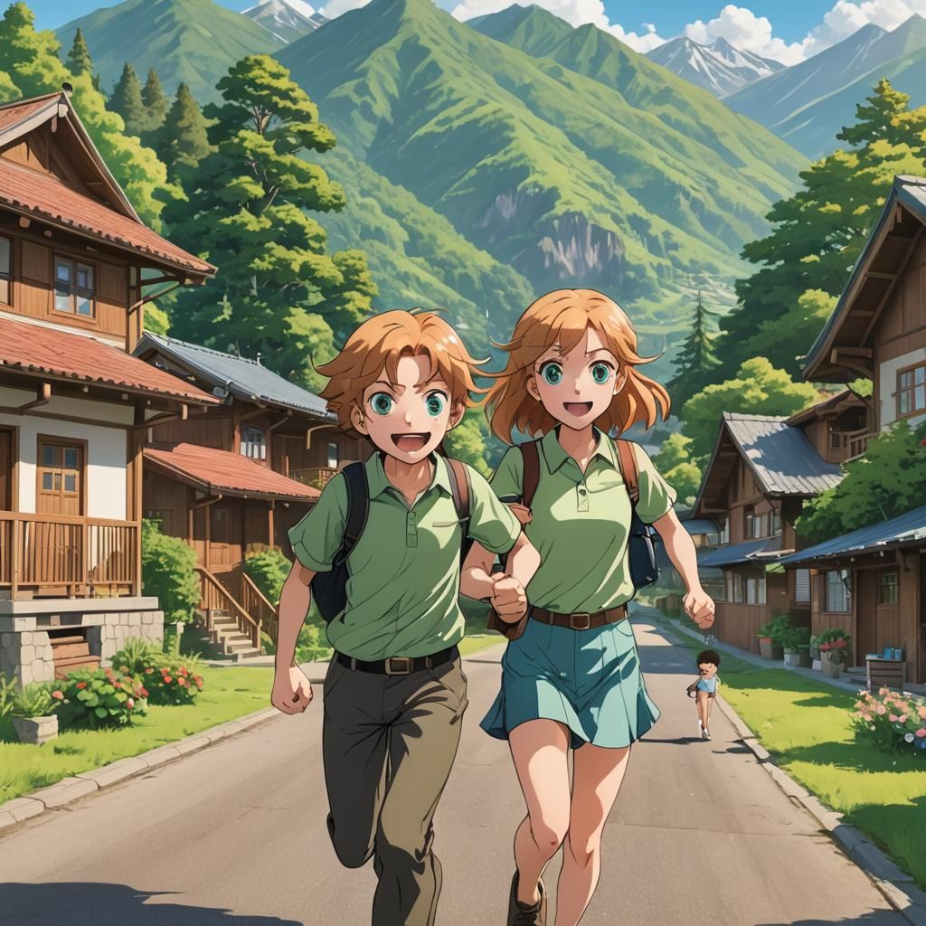 A Young boy, brown hair and green eyes, and a teen girl, str...