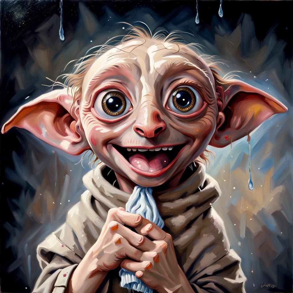 Happy Dobby Portrait with Sock as Oil Painting