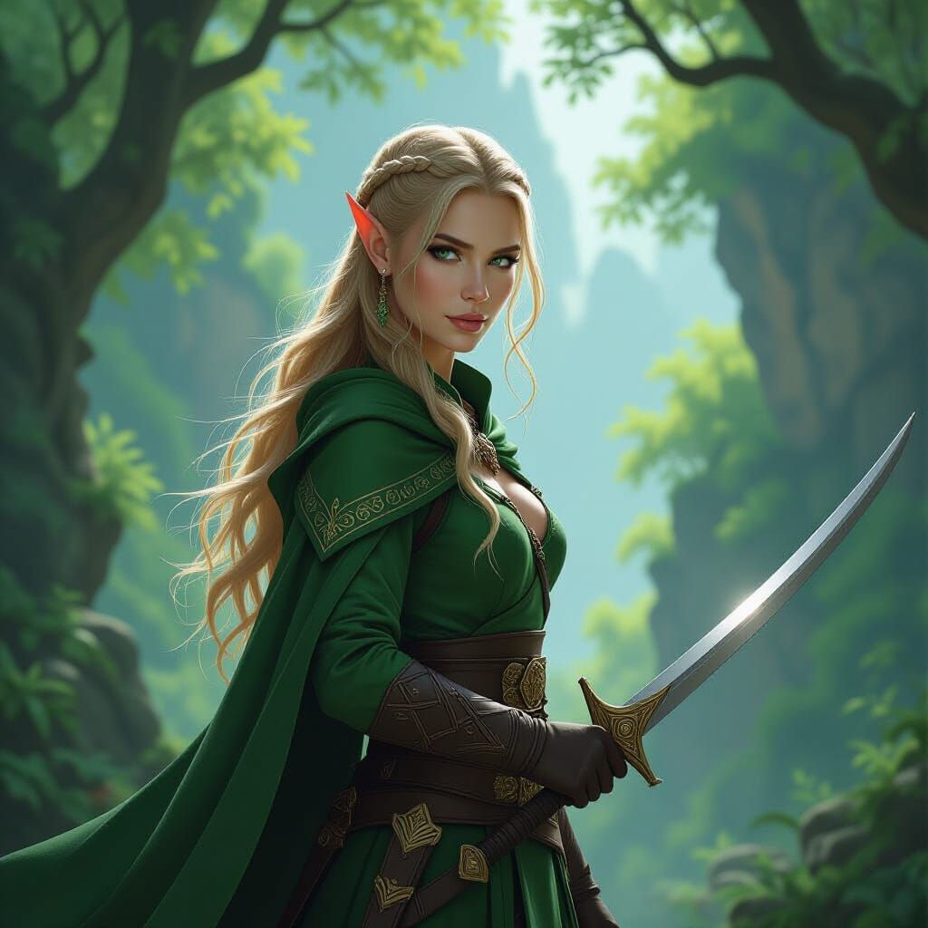 Elven Warrior in Lush Forest, Matte Painting Style