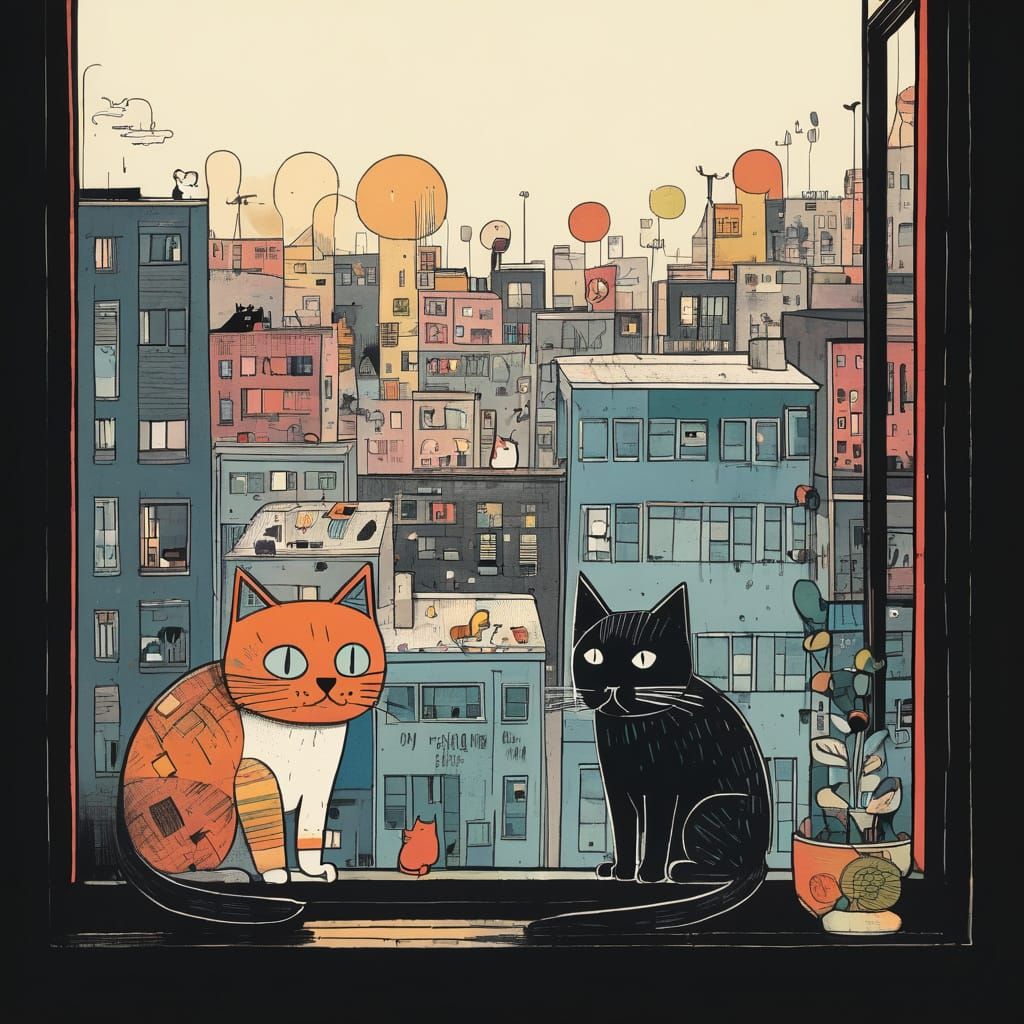 Feline Silhouettes in a Window Scene