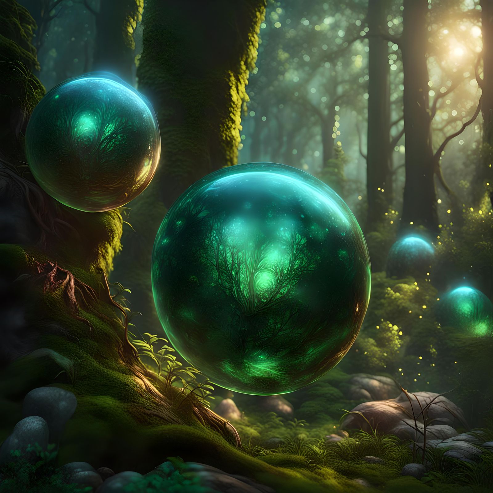 Glowing Orbs in Lush Forest: Fantasy Art