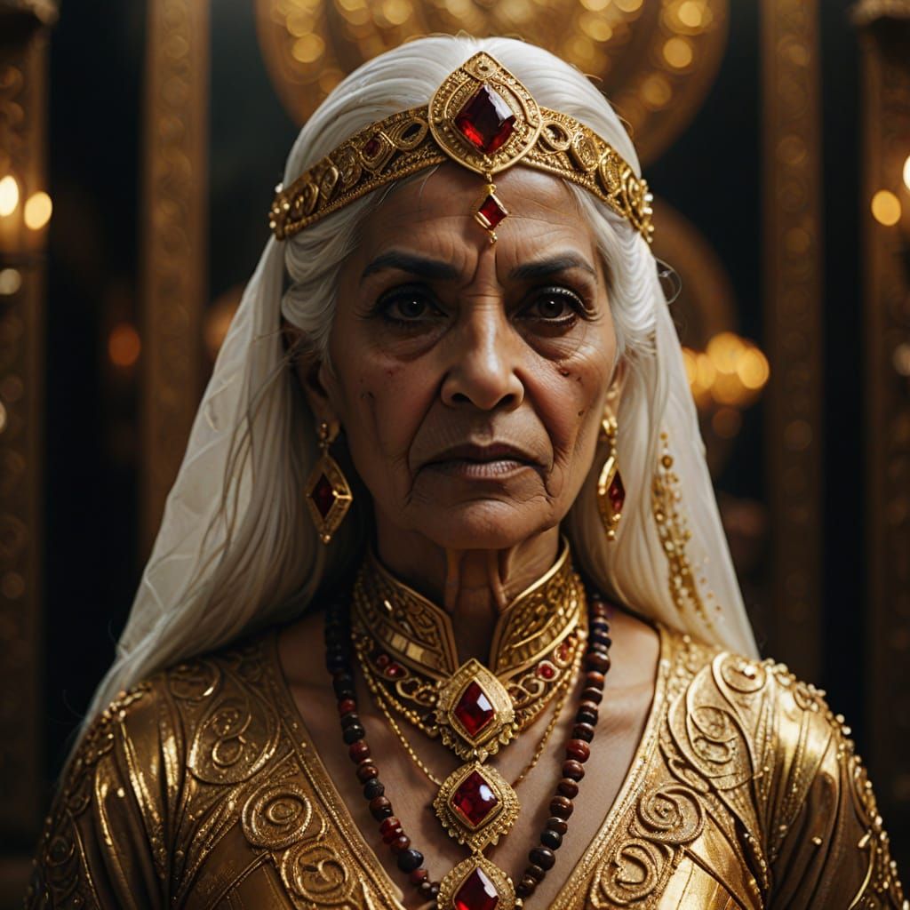 Hyperrealistic Portrait of a Bahraini Priestess Supervillain