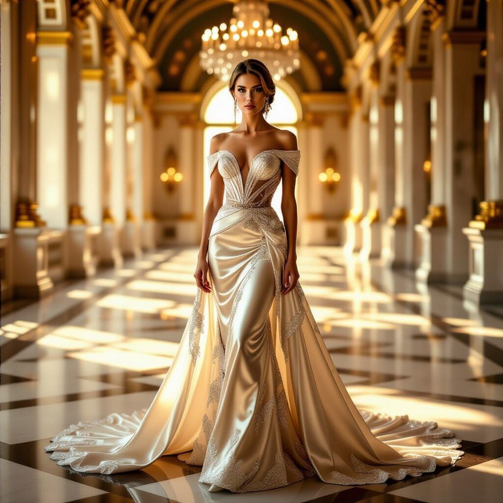Stunning Woman in Haute Couture Gown, Photorealistic 8K