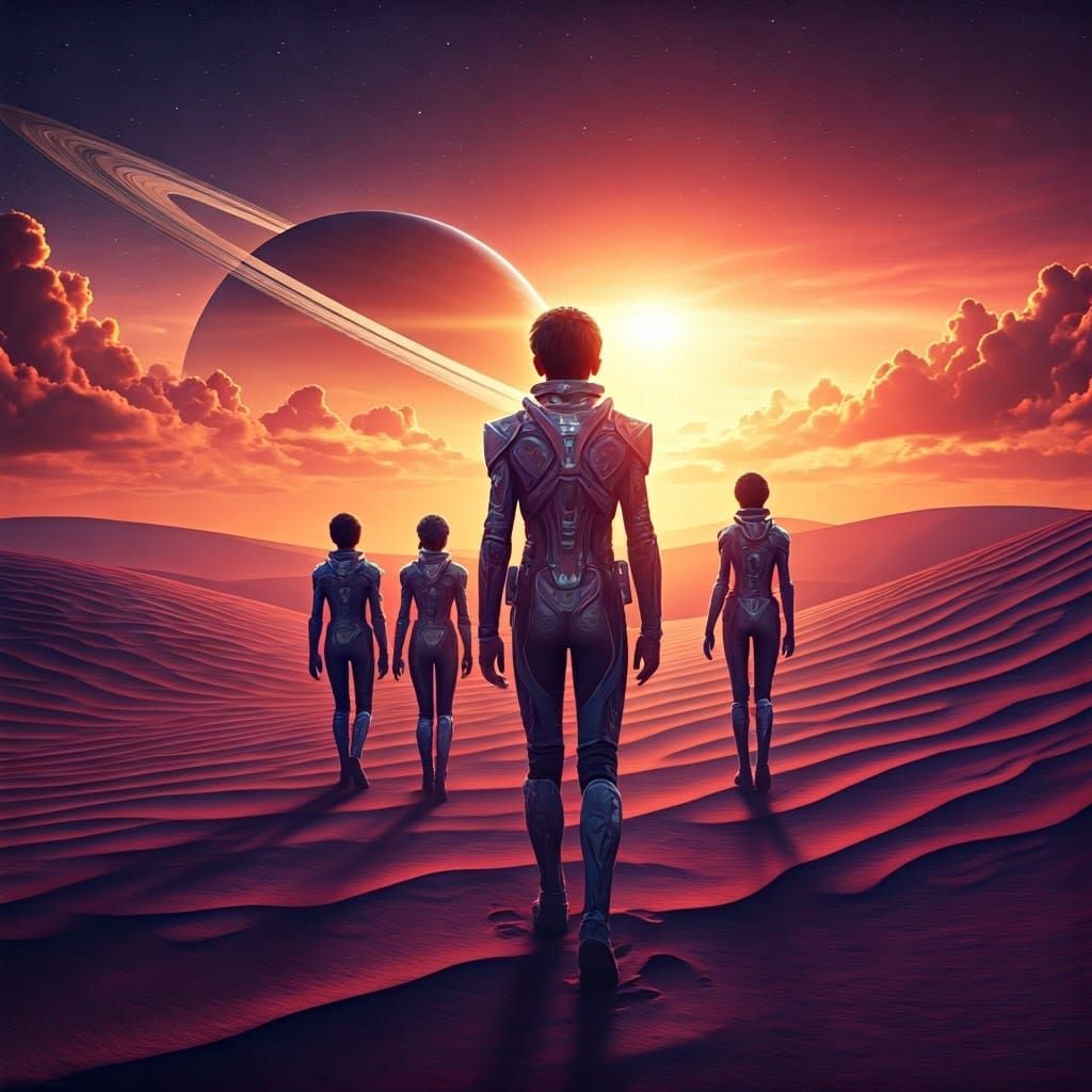 Adventurers on Alien Planet with Ringed Gas Giant