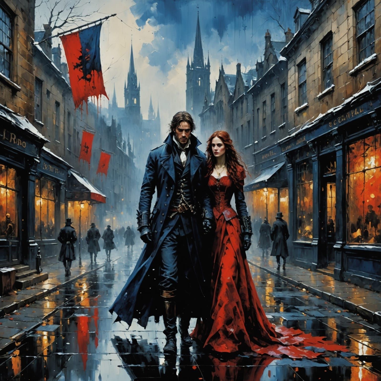 Gothic Oil Painting in Deep Blues and Reds