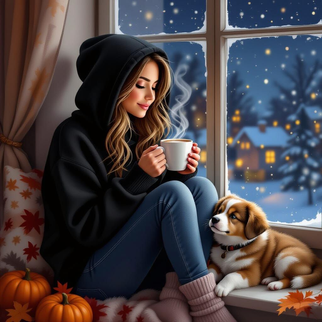 Cozy Autumn Night Scene with Woman and Puppy