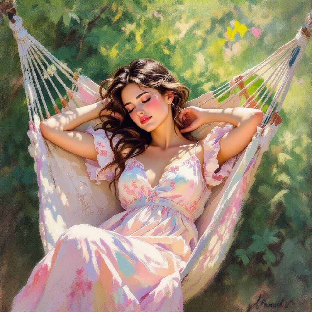 Idyllic Garden Scene with Woman Asleep in Hammock