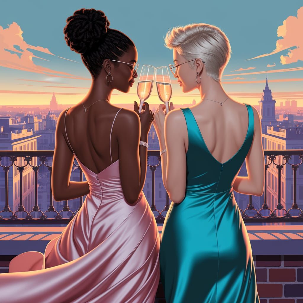 Rooftop Sunset: Two Women Celebrate in Digital Art