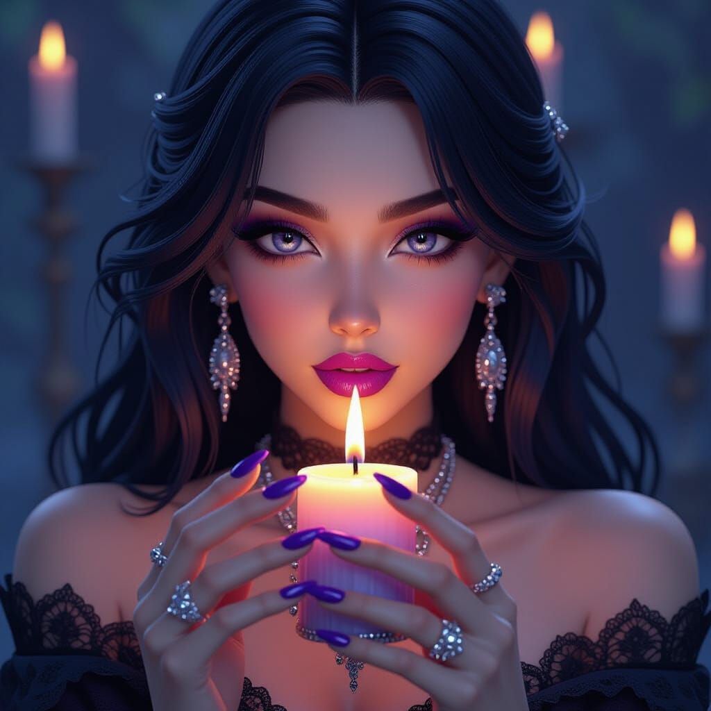 Gothic Raven-Haired Woman with Candle in 3D Anime Style