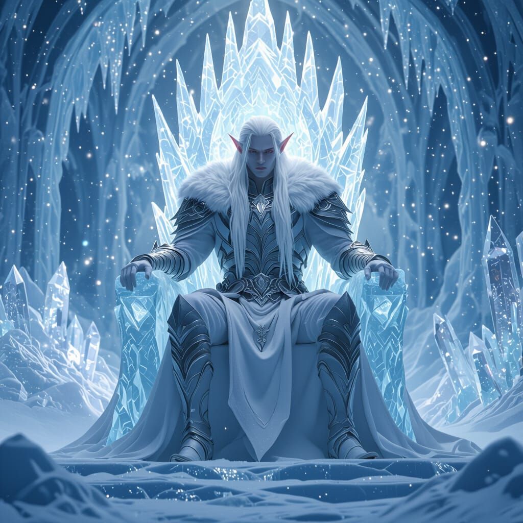 Albino Elf King on Ice Throne in Fantasy Kingdom