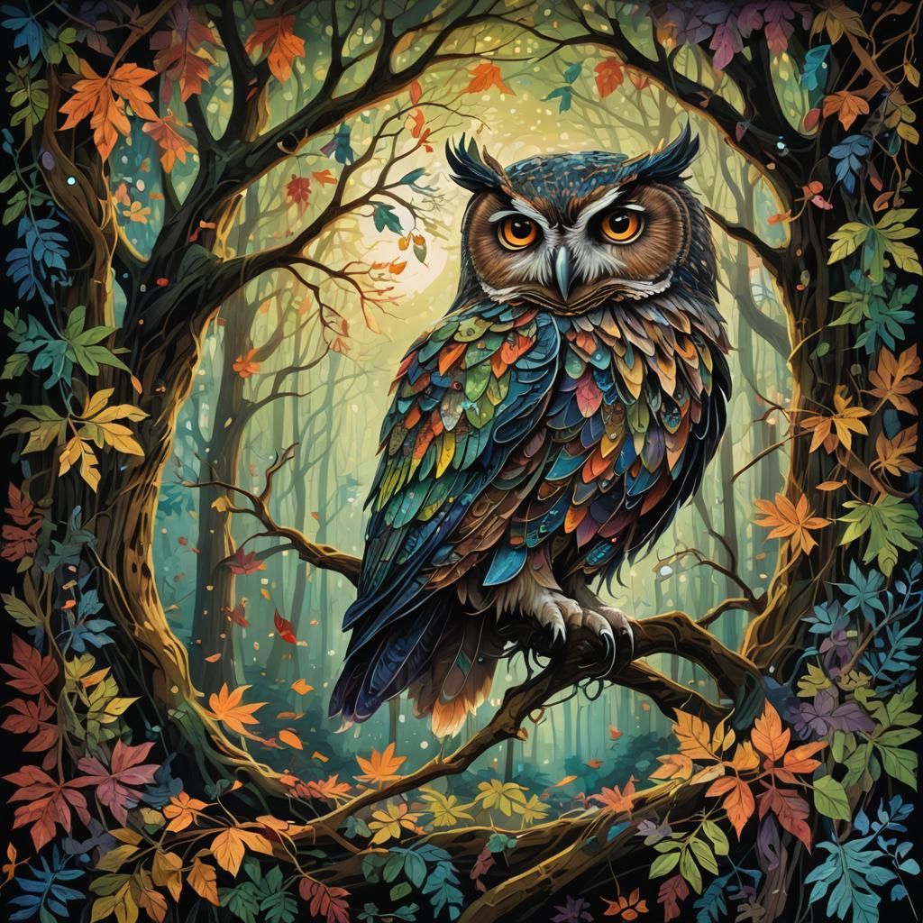 Mysterious Owl Tapestry in Whispering Grove Forest