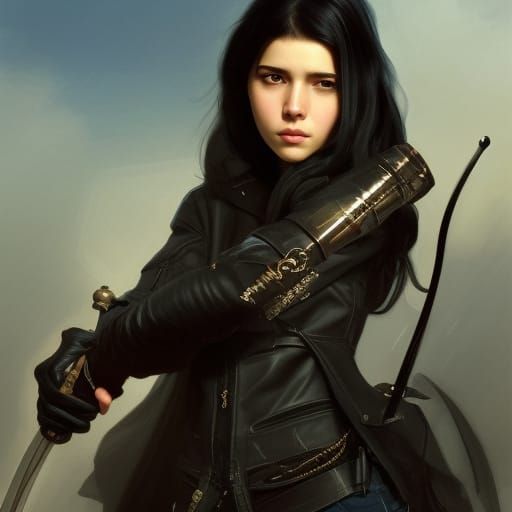 Teenage Girl Portrait with Sword in Art Nouveau Style