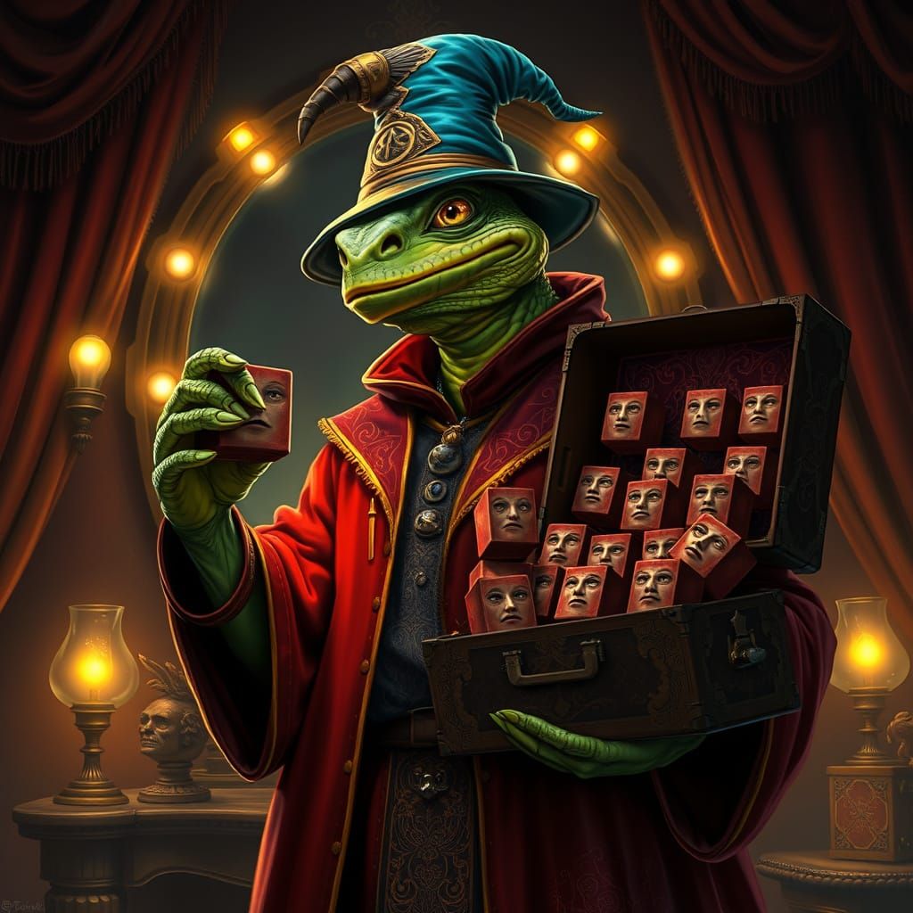 Enigmatic Lizard Wizard Displays Trophies in Lavish Lair