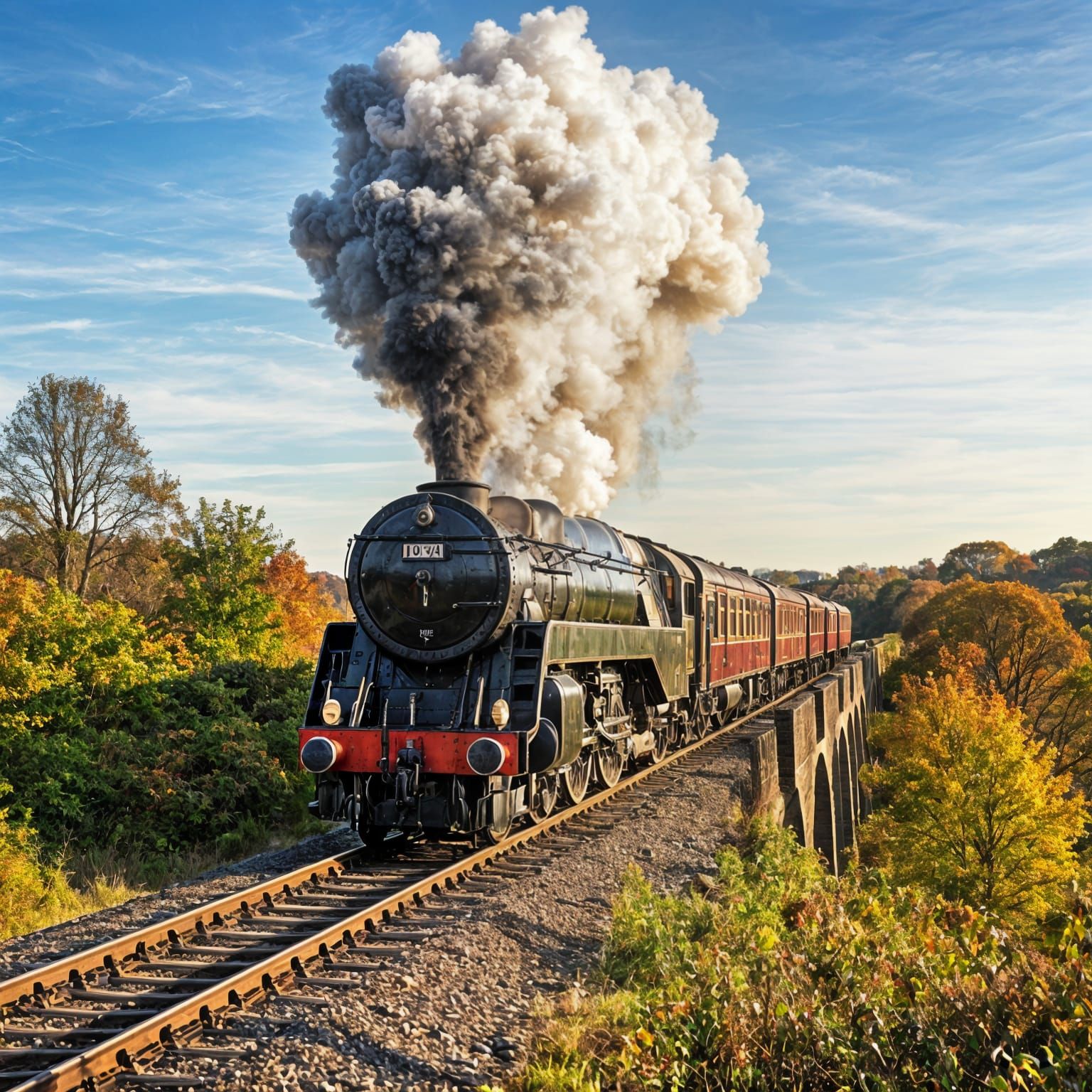 Steam Train Over Viaduct in Autumn Sunlight