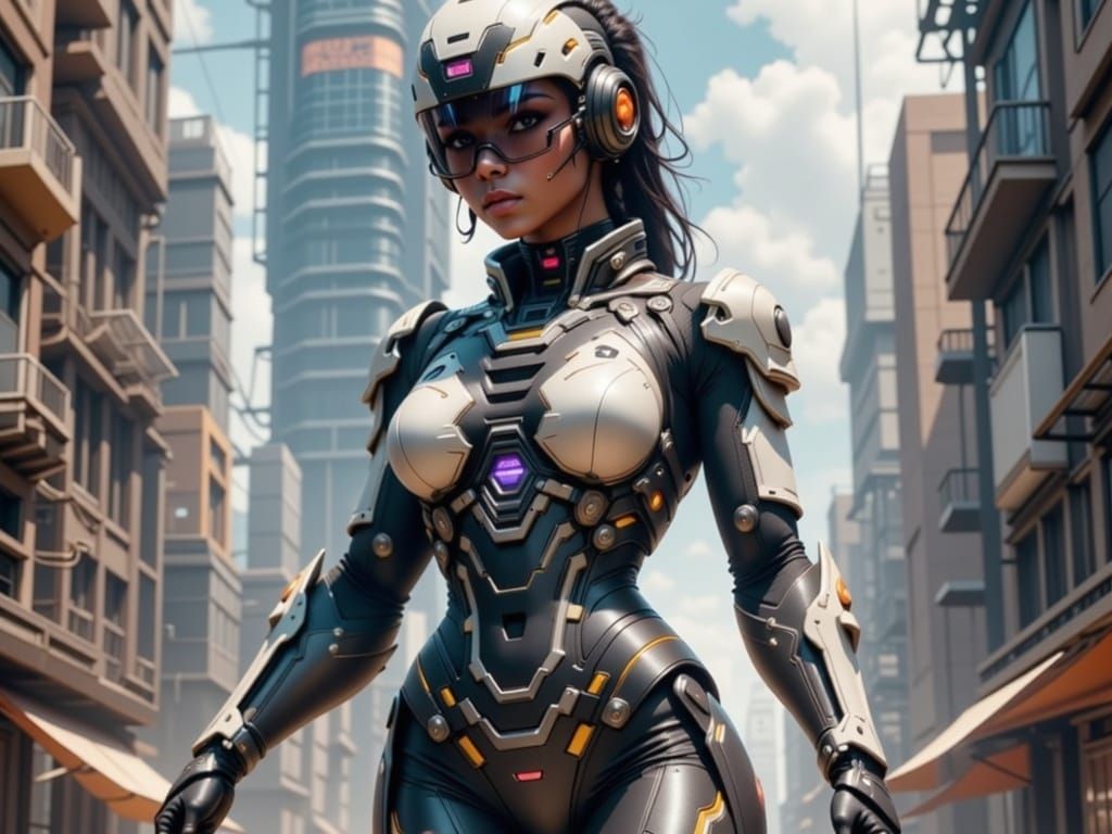 Retrofuturistic Warrior in High-Tech Armor