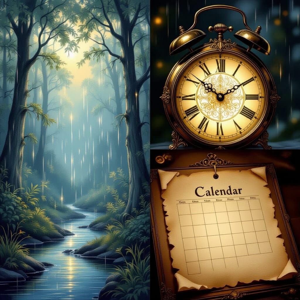 Ethereal Mist: Rain, Clock, and Calendar