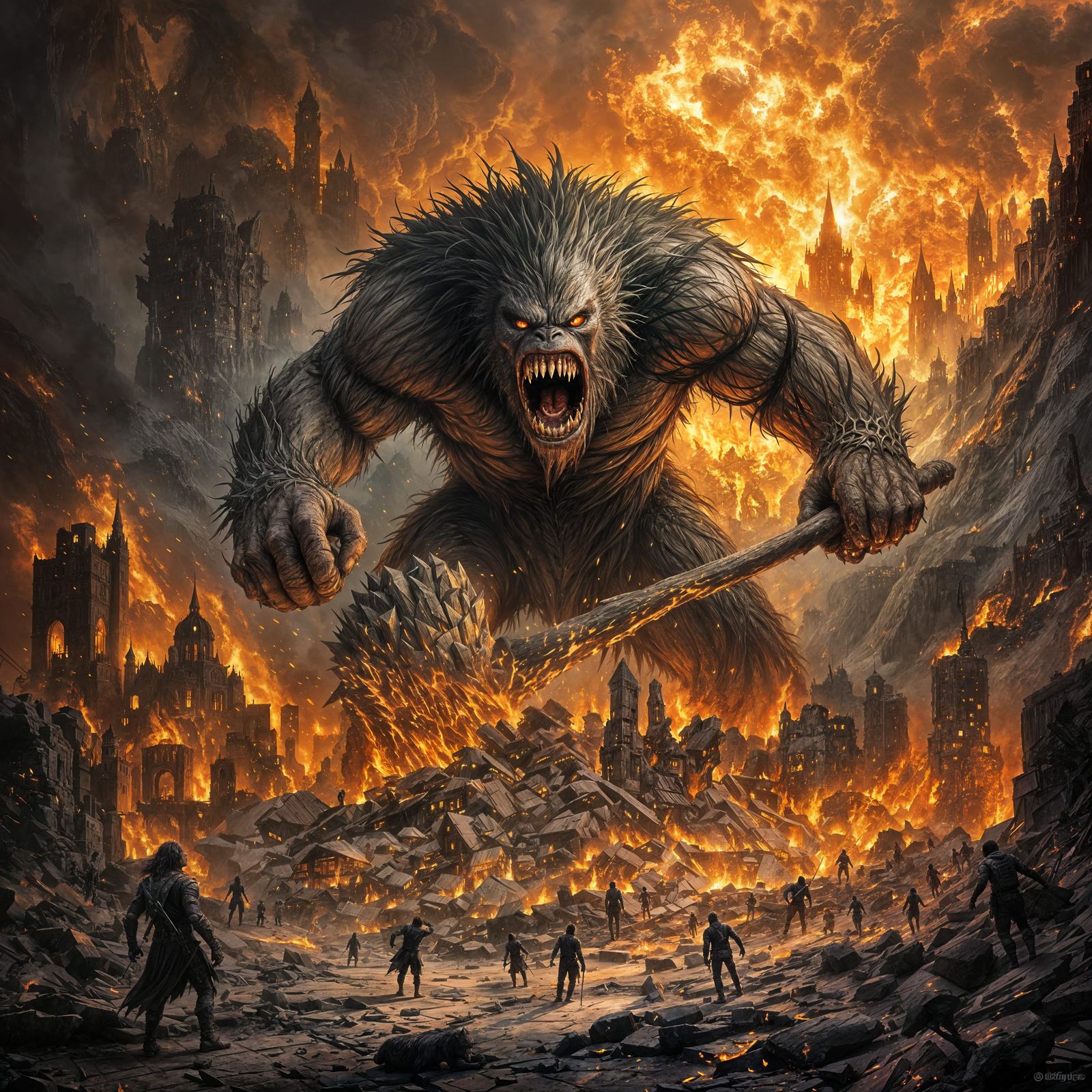Dark Fantasy Troll Destroys a Burning City in a Vivid Cave L...