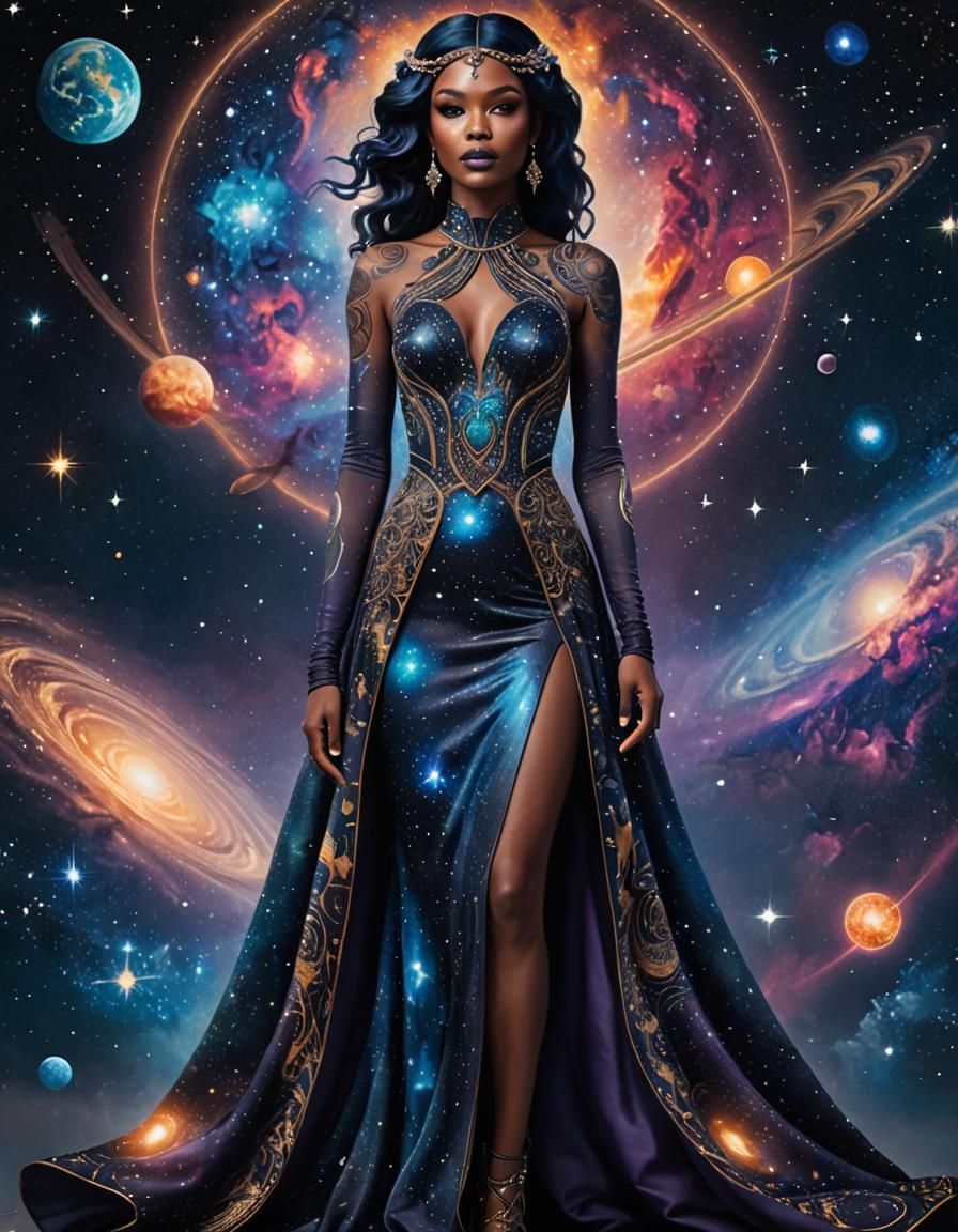 Radiant Galactic Goddess with Celestial Tattoos