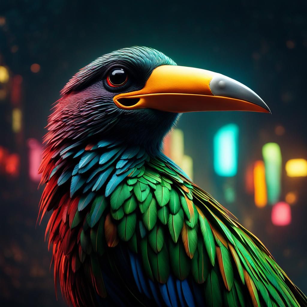 Colorful Bird on Neon Background in Hyperrealistic Style
