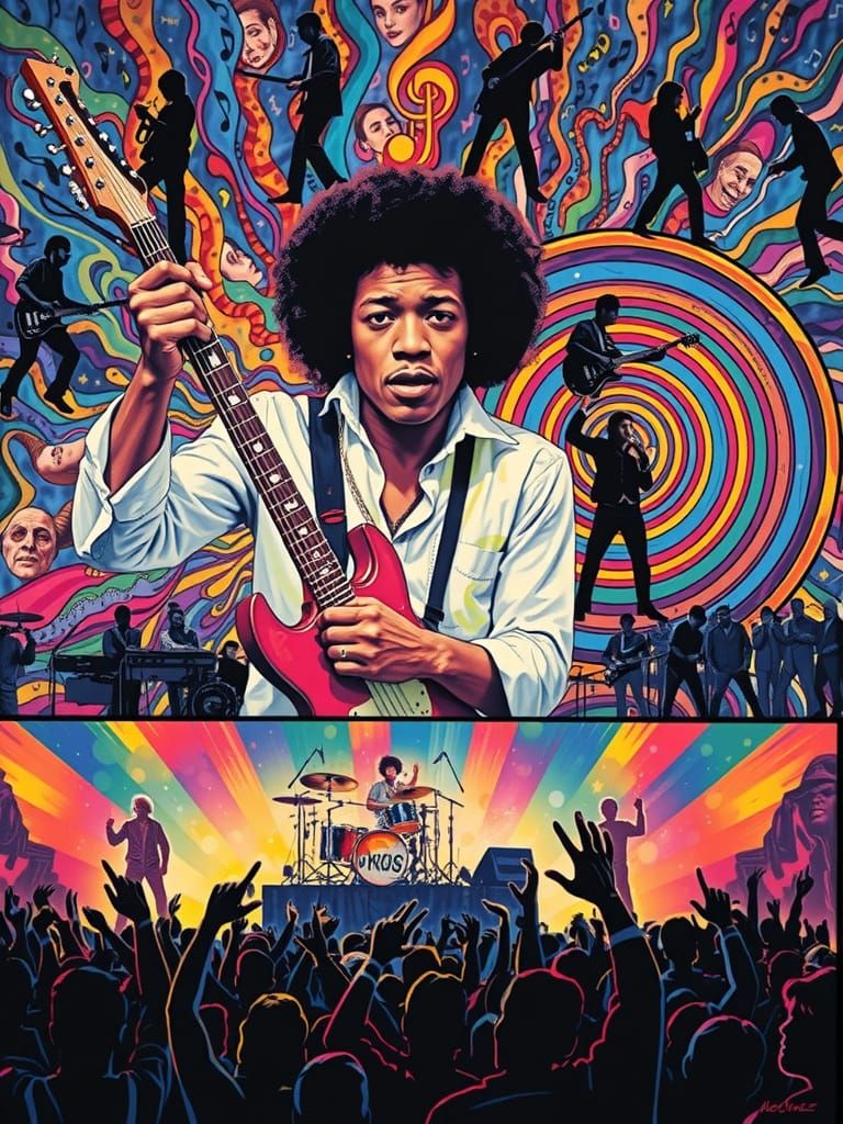 Psychedelic Collage of Rock Legend in Concert