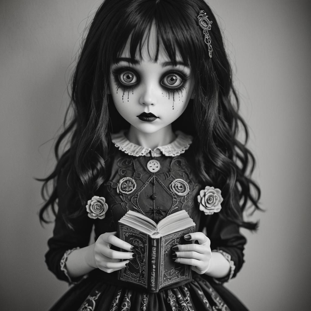 Eerie Gothic Doll with Magic Book, Junji Ito Style