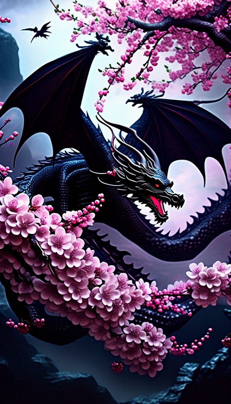 Black Dragon in Cherry Blossoms: Fantasy Art