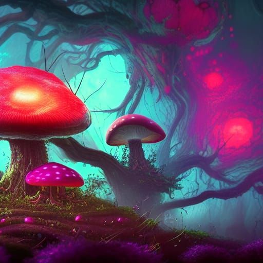 Neon Mushroom Spores in Organic Explosion