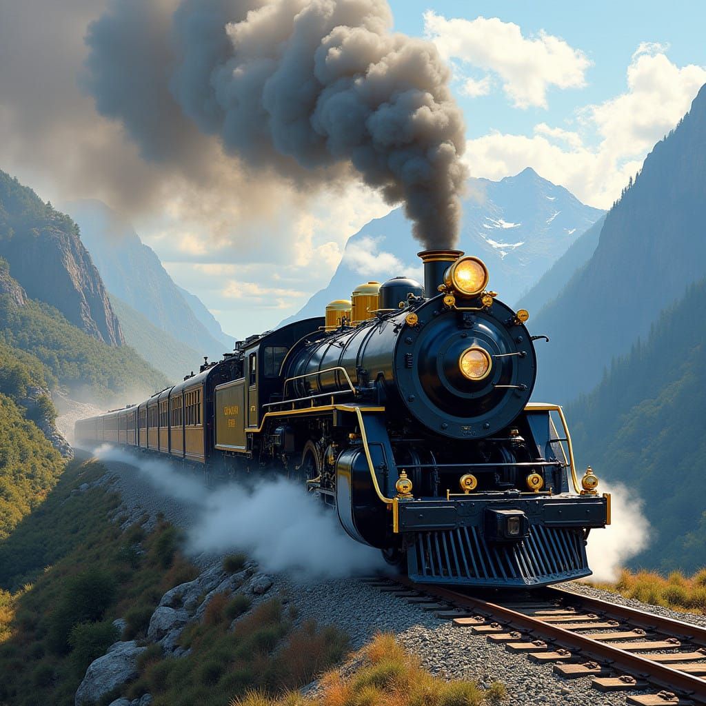 Majestic Steam Locomotive Chugs Across Rugged Mountain Lands...