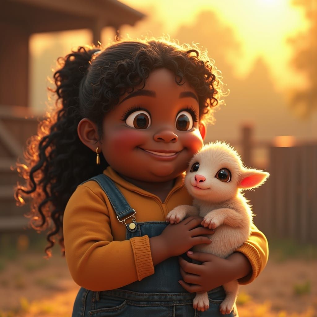 Radiant Black Teen Girl Holds Baby Farm Animal in Joyful Spr...