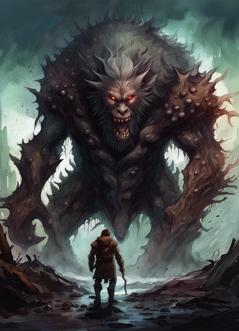 Hero Confronts Grotesque Werewolf in Digital Watercolor Art