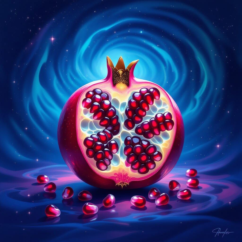 Surreal Pomegranate with Ethereal Seeds in Cosmic Vortex