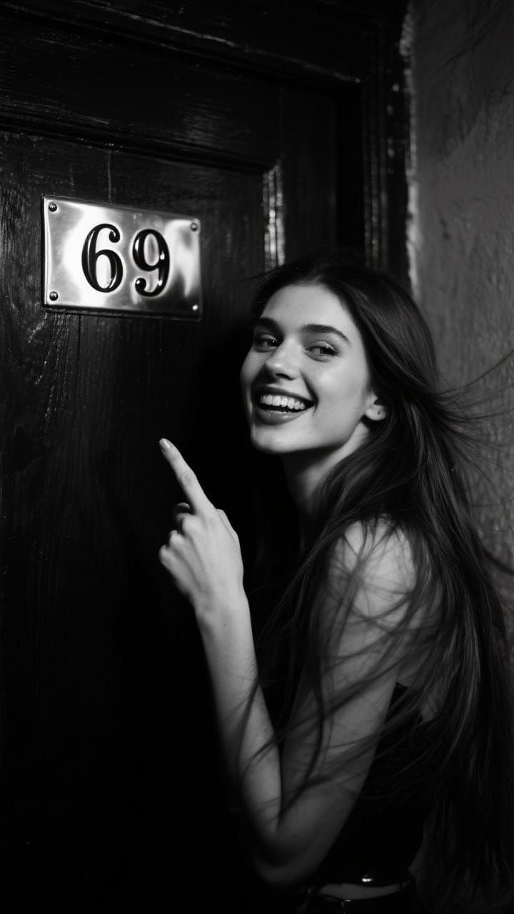 Mischievous Woman Posing with Number Plaque in Black and Whi...
