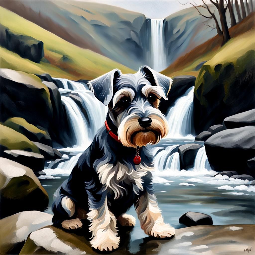 Mini Schnauzer by Waterfall: Oil Painting Landscape