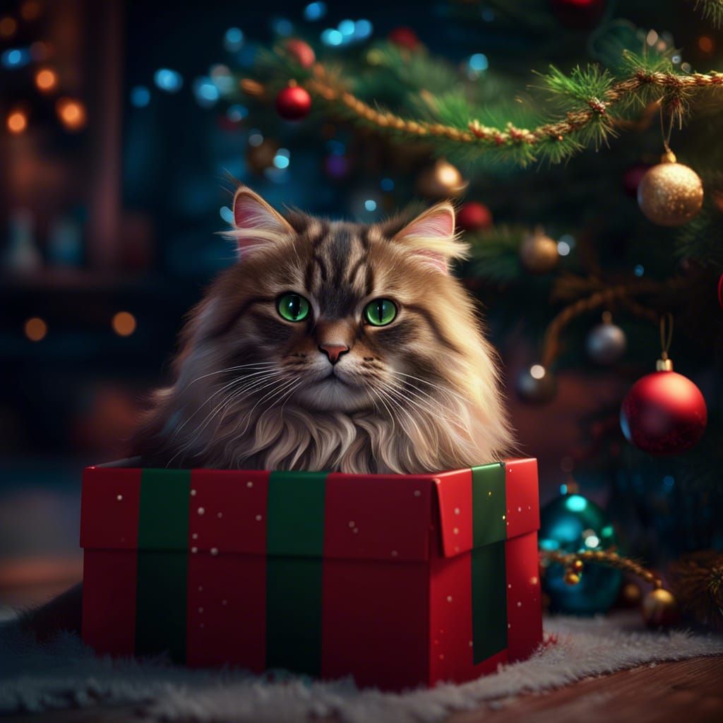 Fluffy Cat in Gift Box: Christmas Fantasy