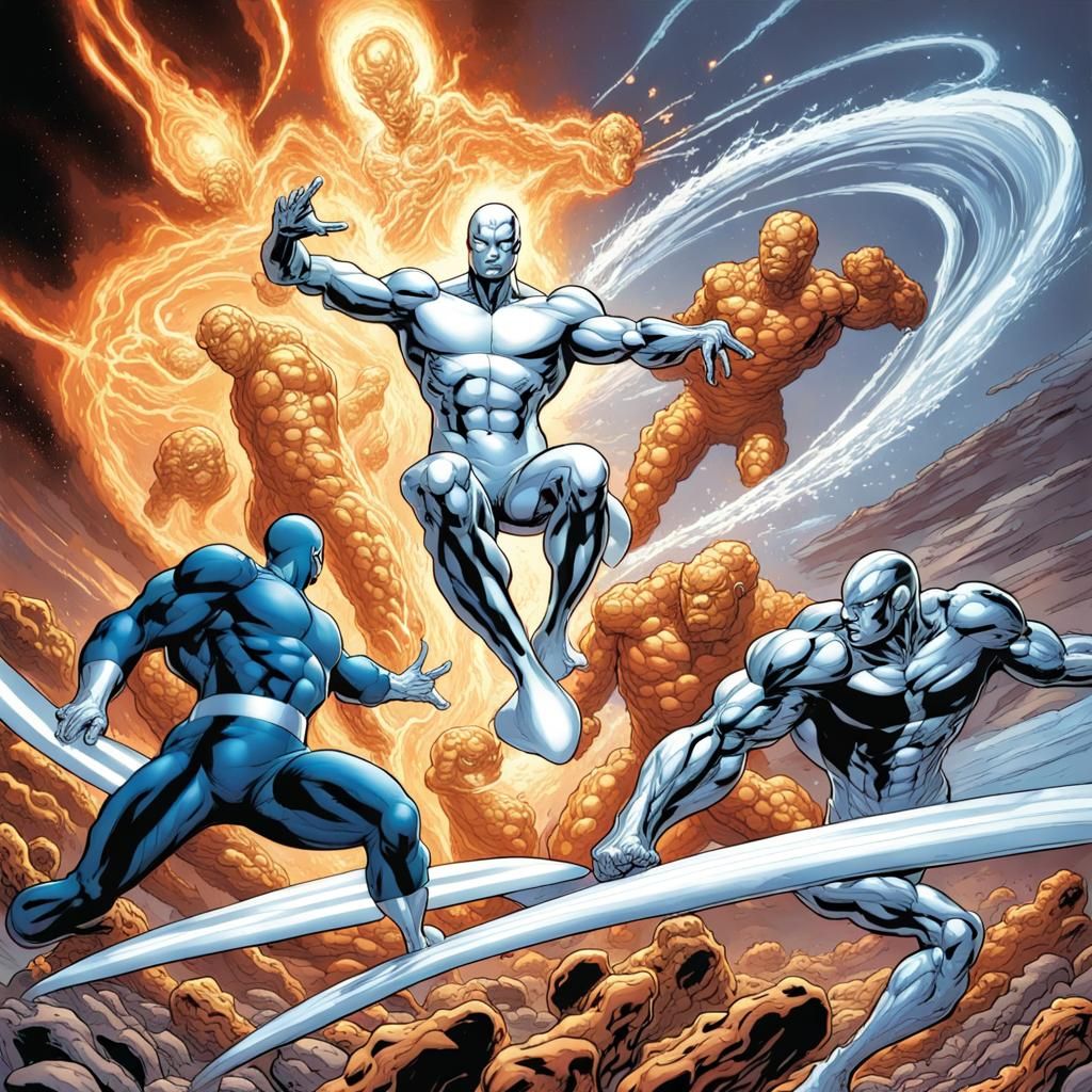 Silver Surfer vs Fantastic Four in Comic Art